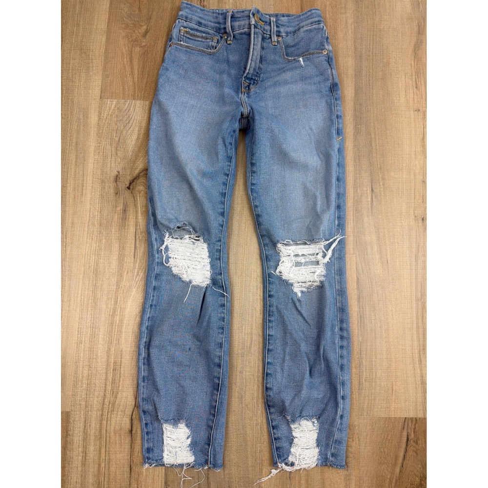 Good American High Rise Distressed Skinny Jeans Blue Light Wash 2/26 GC802T1334